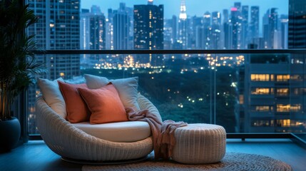 Poster - A wicker chair sits on a balcony with a view of a city skyline at night. The chair is white with a soft white cushion and two orange pillows. A white wicker ottoman rests next to the chair