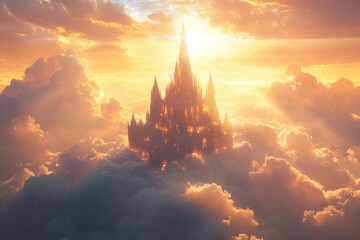 Wall Mural - A castle is shown in the sky with a bright sun shining on it