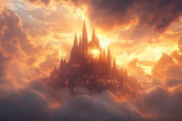 Wall Mural - A castle is shown in the sky with a bright sun shining on it