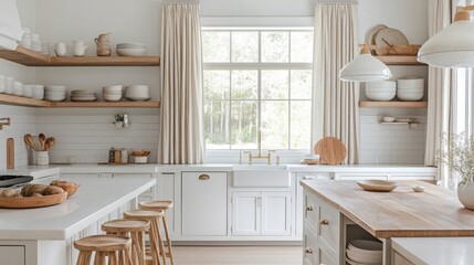 Poster - A welcoming modern kitchen features wooden shelves filled with dishes, a large sink under a bright window, and warm wooden bar stools against a clean white backdrop, enhancing the cozy atmosphere.