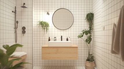 Poster - A contemporary bathroom showcases a wooden vanity with a sink, surrounded by green plants and tiled walls. The circular mirror above the sink enhances the light and airy atmosphere.