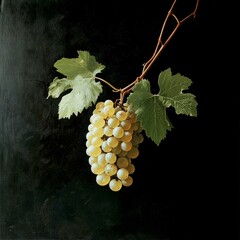 Canvas Print - Fresh and juicy grapes hang from a vine. The image showcases a rich green leaf and a cluster of round grapes. Ideal for food photography or healthy lifestyle content. AI