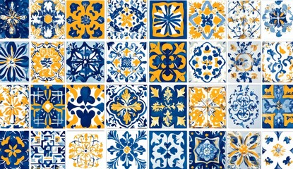 Naklejka na meble Decorative azulejos tiles wallpaper. Traditional Portuguese mosaic, horizontal pattern. Watercolor artwork, blue and yellow mosaic tiles. Antique ceramic tiles, heritage. Old painted panel, floral