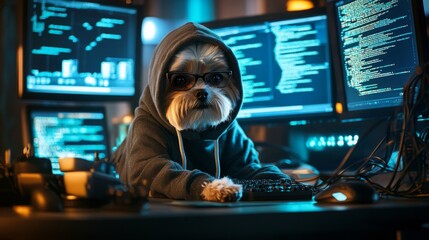 Aufkleber - A small dog, dressed in a hoodie and glasses, focuses intently on the keyboard while sitting at a computer desk cluttered with glowing monitors displaying lines of code during nighttime.