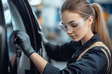 Poster - A confident female worker operates high-tech machinery in an automotive manufacturing setting using generative stock, candid shot
