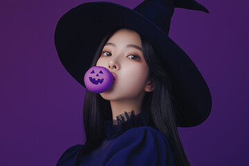 korean young woman in witch costume with in a purple color blowing a shewin gum  with  jack lantern printed  for halloween