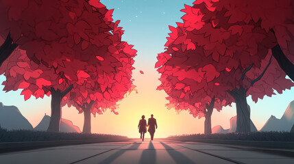 Canvas Print - A couple walks hand-in-hand down a path framed by vibrant red trees, the setting sun casting a warm glow on the scene.