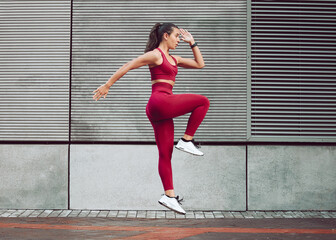 Wall Mural - Exercise, profile and stretching with woman in city, outdoor for cardio, training or workout routine. Fitness, running and warm up with sports person in urban town for challenge and competition