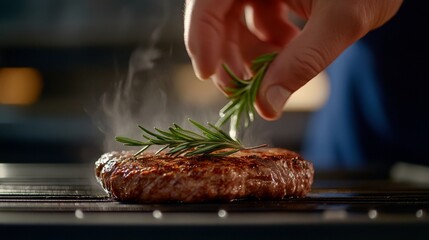 A professional chef carefully places a sprig of rosemary atop a perfectly seared steak, enhancing its aroma and presentation while steam wafts upward in a bustling kitchen