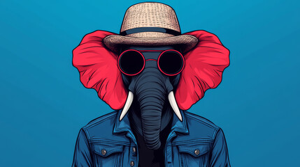 Wall Mural - An illustrated elephant wearing a denim jacket, hat, and sunglasses against a blue background.