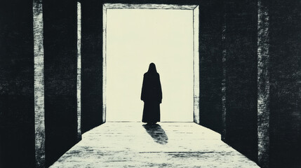 Poster - A shadowy figure stands silhouetted against a bright doorway, representing a journey or transition.