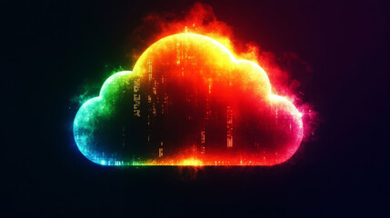 Poster - A glowing cloud symbol with streaks of rainbow color on a black background.  The image is a representation of digital technology and the cloud.