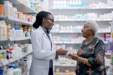 Young black pharmacist assists senior woman in pharmacy. Woman chooses medicine with help of pharmacy staff. Pharmacist offers advice on pill selection. African American pharmacist assists client in