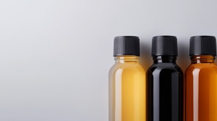 Poster - A neat row of four elegant glass bottles in amber, black, transparent, and frosted white showcases beautiful labeling. The clean design provides ample space for branding