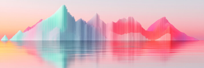 Poster - Abstract digital mountain range with a pink, blue, and green color scheme reflecting in the water below.