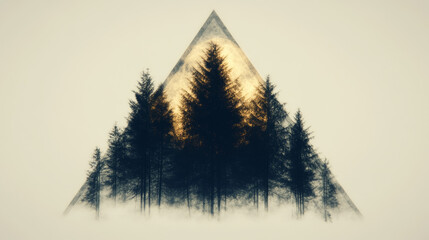 Poster - Silhouettes of pine trees form a triangle shape against a soft background. The warm light of a sun or moon shines through the trees.