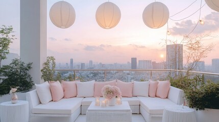 Aufkleber - A serene rooftop lounge features a white sectional sofa adorned with soft pink cushions. Lanterns hang above as the sun sets, casting golden light over a scenic city skyline in the background.