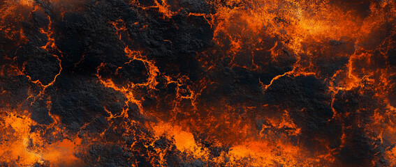 Hot orange lava with hot cracks and red fire burning through. Halloween horror background for advertising or October 31 holiday party invitation 