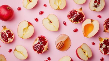 Poster -   Apples, pomegranates, and a honeycomb are arranged on a pink background