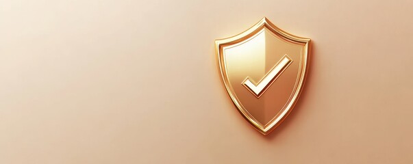 Poster - Secure protection concept with a gold shield and check mark, copy space text, 3D rendering illustration