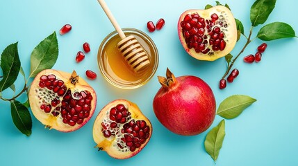 Poster -   Two pomegranates, a honey jar, and a honeycomb on a blue background with leaves