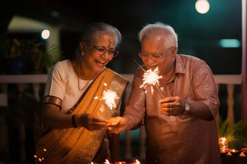 Indian senior couple celebrates Diwali with sparklers. Man, woman hold sparklers, dressed in traditional attire. Pink shirt, white sari, dark background, focus on couple. Diwali festival, Hindu