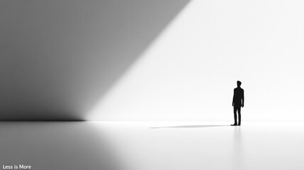 Poster - A solitary figure standing in a minimalist space with light and shadow.