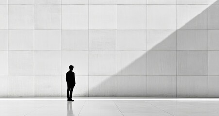 Poster - A silhouette of a man standing against a large white wall with a diagonal shadow.