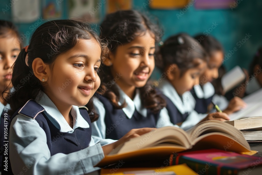 Group of Asian children in uniform studying hard from books in ...