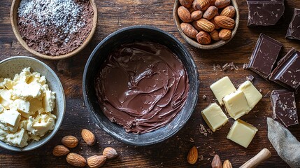 Wall Mural -   Various chocolates, nuts, and other desserts are arranged on a wooden table for use