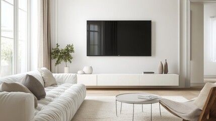 Poster - A sleek living room showcases a modern sofa in neutral tones, complemented by a minimalist coffee table and wall-mounted television