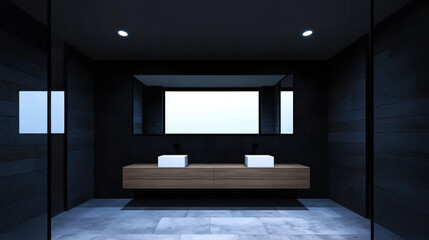 Modern bathroom with dark walls, a large mirror, and two sinks.