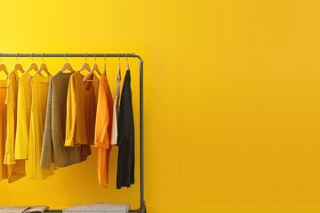 Clothing rack with gray metal hangers holding colorful clothes. Yellow dress, black pantsuit, gray sweater hang in line, organized on clothes organizer. Yellow background provides contrast.