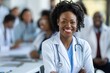 © miss irine - African American female doctor presents at healthcare seminar. Confident pro speaks in front of crowd. Businesswoman delivers speech in convention center. Doctor lab coat, stethoscope signify medical