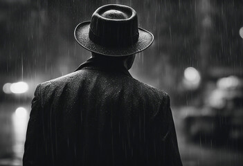 Classic noir detective wearing fedora hat and trench coat standing on the street under the rain in black and white film Noir movie back view of 40s gangster on the street back view