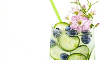 Wall Mural -   A glass filled with cucumbers, blueberries, and flowers, and a straw at its base