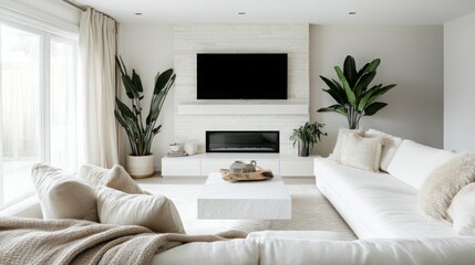 Poster - A modern living room with a white sectional sofa, a fireplace, and large windows. The room is decorated in a minimalist style, with white walls, furniture, and floors