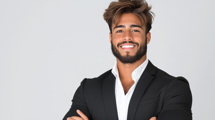 Sticker - A young man in a black suit and white shirt smiles confidently at the camera.