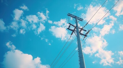 Utility pole with wire, carrying electricity and power, energy distribution through cables, set against a blue sky, with electric technology