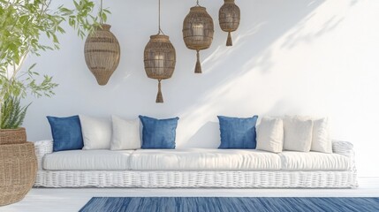 Poster - A modern indoor space showcases a white wicker sofa adorned with blue and cream pillows. Hanging woven lanterns add a touch of elegance and warmth to the bright setting, enhanced by a blue rug.