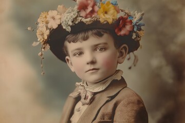 Sticker - A young boy wearing a hat and a jacket is looking at the camera. The photo has a vintage feel to it, and the boy's expression seems to be serious