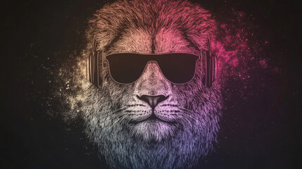 Canvas Print - Cool lion wearing sunglasses and headphones with a dark background.