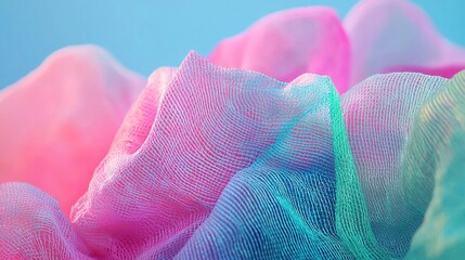 Poster -   Close-up view of pink, blue, and green organelle fabric against a blue sky background