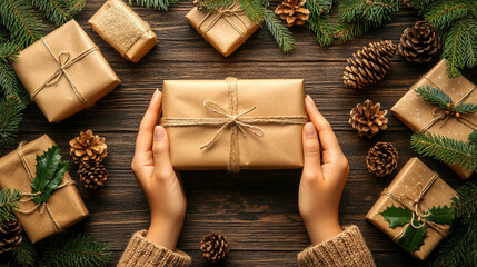 Hands carefully wrapping Christmas gifts with eco-friendly paper and twine, symbolizing sustainability, mindfulness, and conscious gifting. The warm atmosphere reflects holiday spirit and environmenta