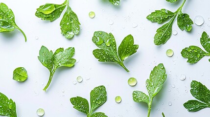 Wall Mural -   A photo of green foliage with water droplets on each leaf, set against a white backdrop featuring additional water droplets