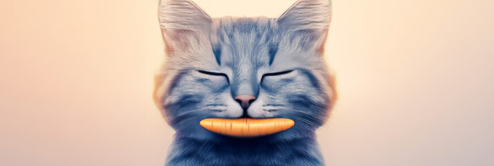 Poster - A grey tabby cat with its eyes closed is holding a orange treat in its mouth, as if it is smiling.