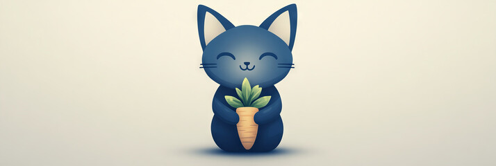 Poster - Cute blue cartoon cat holding a carrot on a light background.