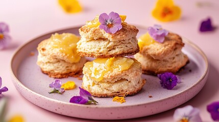 Wall Mural -  Pink plate with three biscuits covered in butter, purple pansies on top & side