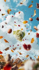 Poster -   A group of objects floats in the air, surrounded by leaves and eggs on a sunny day