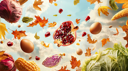 Sticker -   Aerial view of a colorful array of fruits and vegetables drifting serenely against the blue sky backdrop